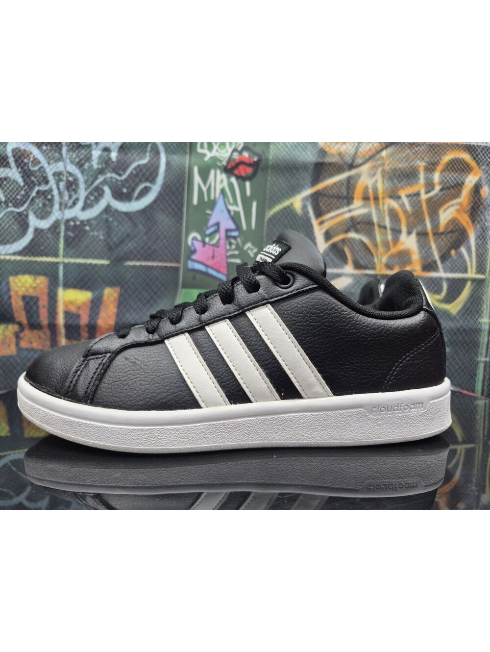 Adidas Neo-Womens 7w Leather Athletic Sneakers HWI 28Y001 Cloudfoam Black White